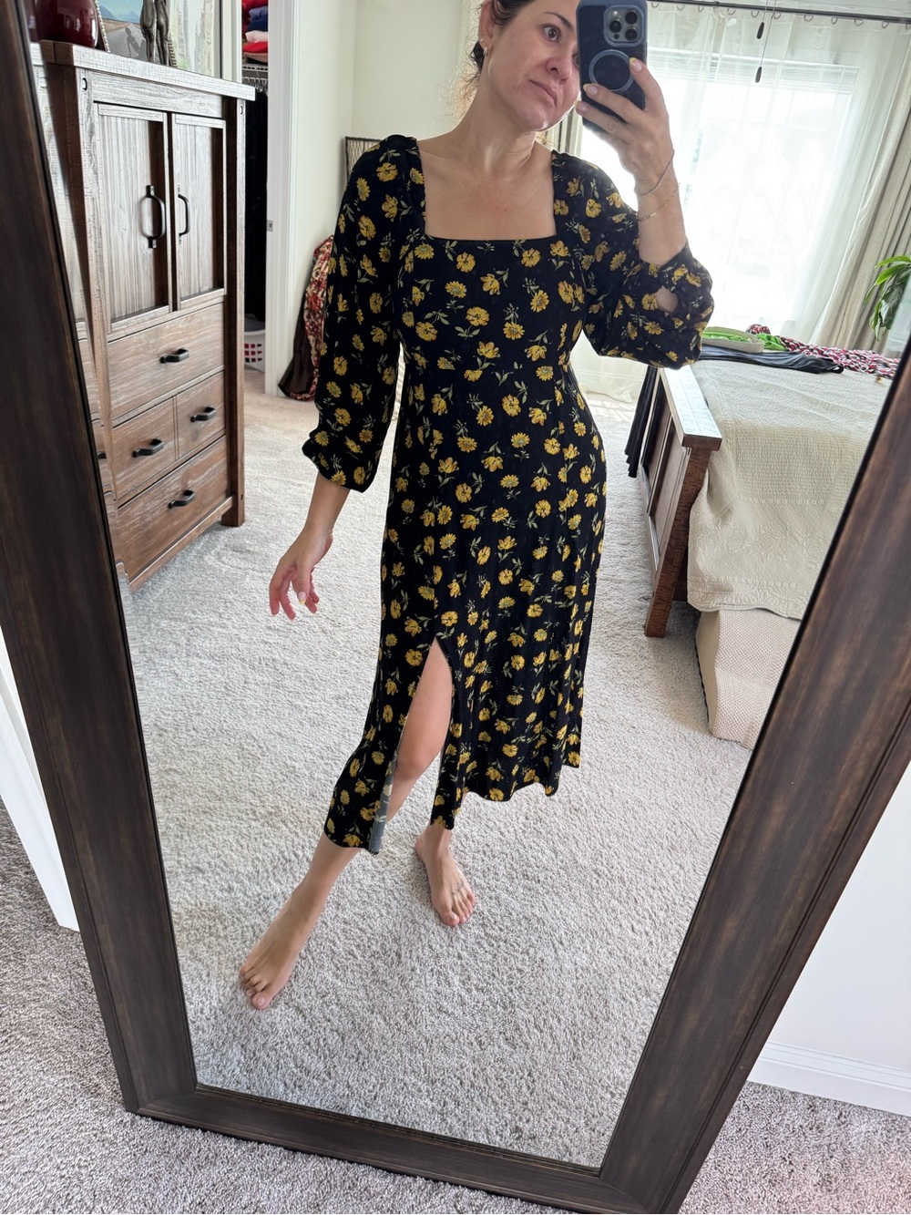 Sézane Black Midi Dress with Yellow Floral Print